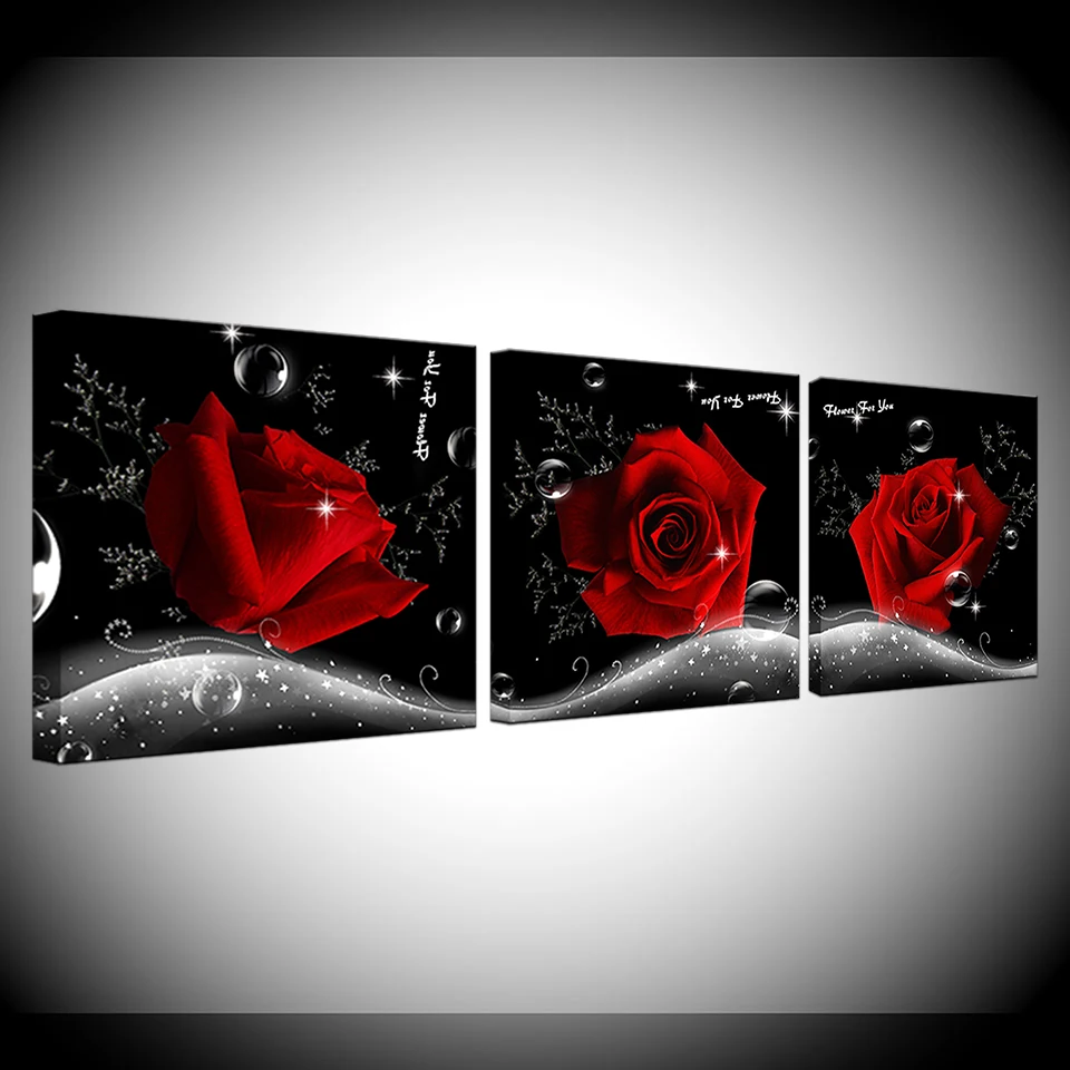 

Painting flower 3 piece Canvas Art Modern Red Roses home decoration living Wall decor Decorative pictures Print (Frames)