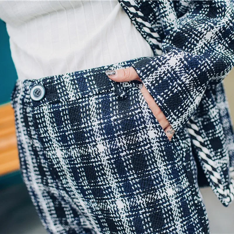 Женский комплект одежды в клетку кардиган с длинными рукавами и штаны высокой