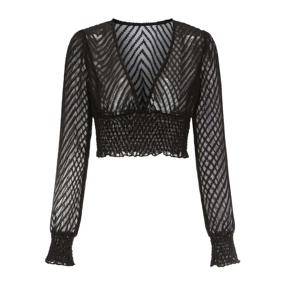 

Sexy V-neck Women Lace Blouse Night Club Hollow Out Female Crop Top Shirt