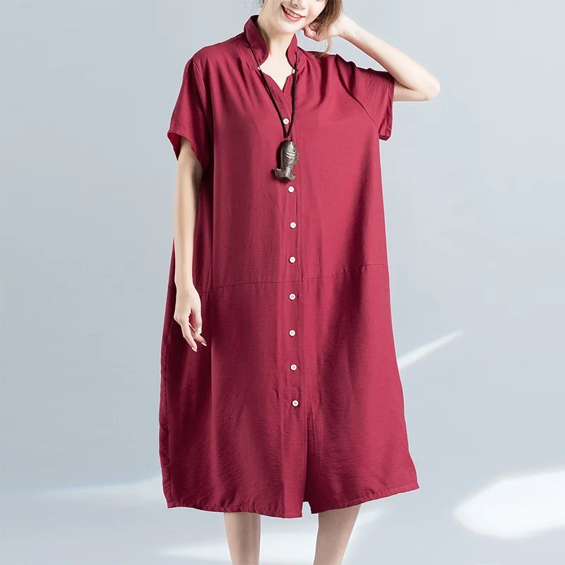 Женское платье-рубашка из хлопка и льна в винтажном стиле больших размеров