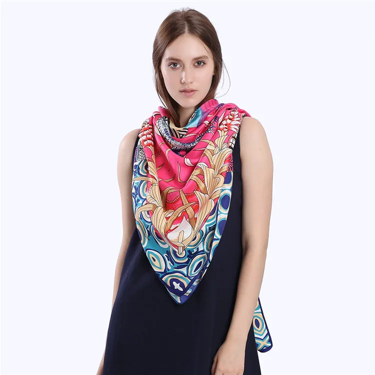 POBING 100% Twill Silk Square Scarf Animals Print Women Scarves&ampWrap Giraffe Neckerchief Spanish Foulards cachecol Large Bandana |