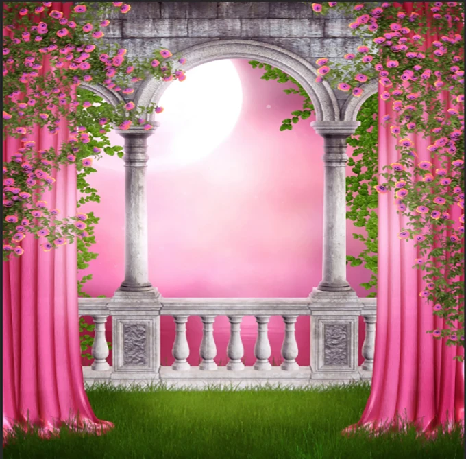 

10x10FT Pink Curtain Garden Columns Wall Moon View Flowers Branch Custom Photo Studio Backdrops Backgrounds Vinyl 300cm x 300cm