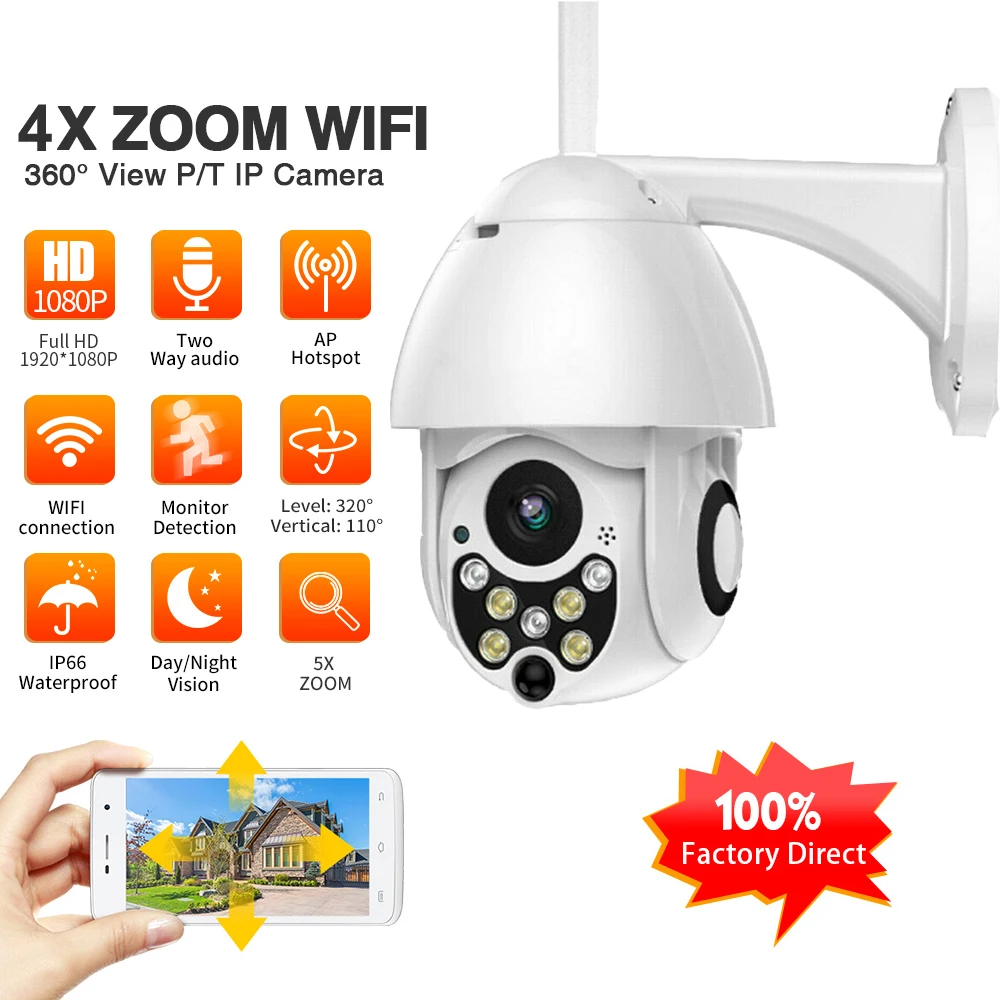 HD 1080P PTZ IP камера, Wi-Fi, открытая, скоростная, купольная, беспроводная, Wi-Fi камера безопасности, панорамирование, 4-кратный зум, ИК Сеть видеонаблюдения, ONVIF