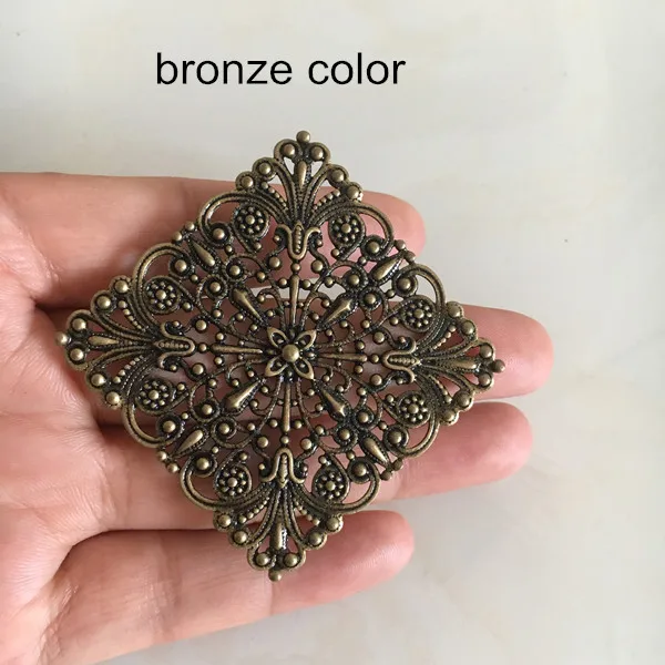 Bronze color 10 шт.-46 мм Цветочные филигранные ромбовидные соединители, толстые латунные квадратные филигранные цветы, серебристый цвет, стальной цвет, бронза - Цвет: Bronze color