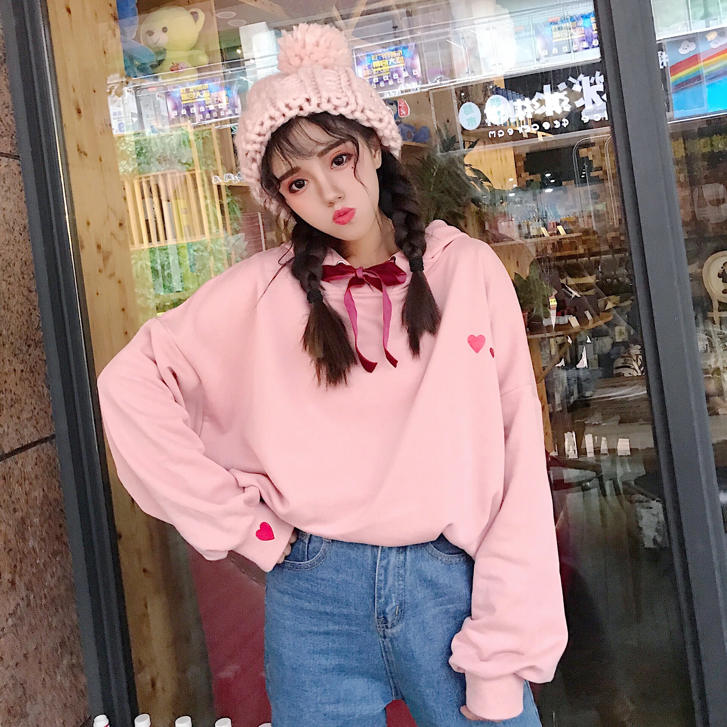 Harajuku толстовка женская осень зима корейский стиль милое сердце флис толстый с капюшоном длинным рукавом кофты Женские топы