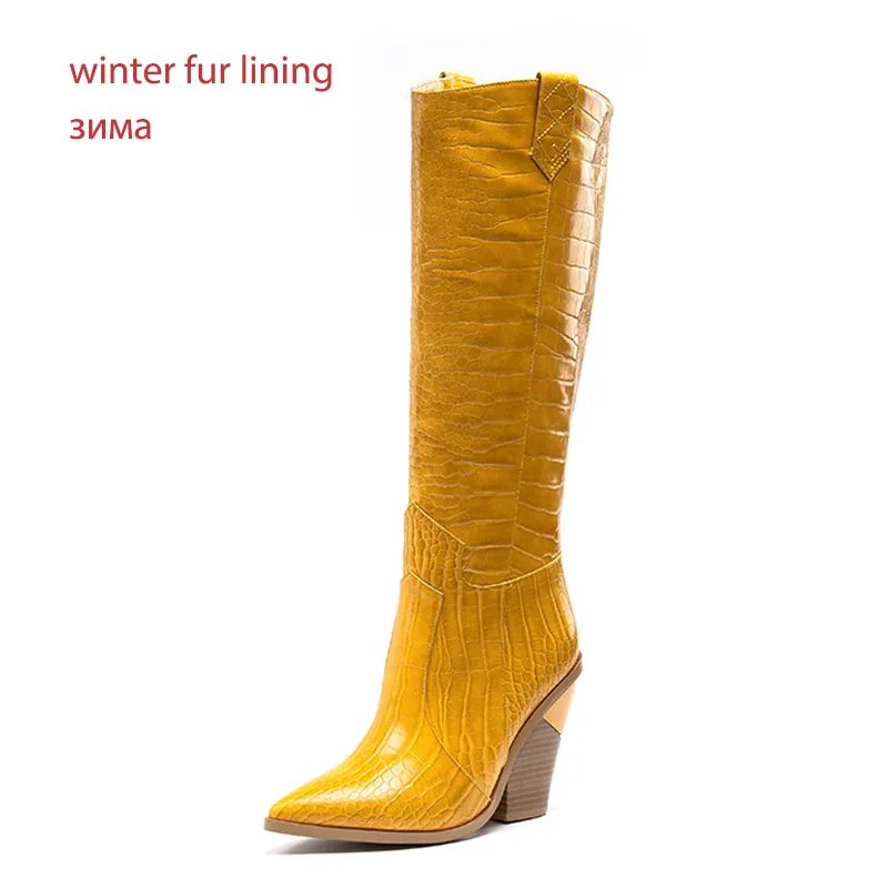 WETKISS Plus Size 46 Knee High Western Boots Women Cowboy Boot Female Pointed Toe Sexy Shoes 11 Colors High Heels Shoes Winter - Цвет: yellow thick fur