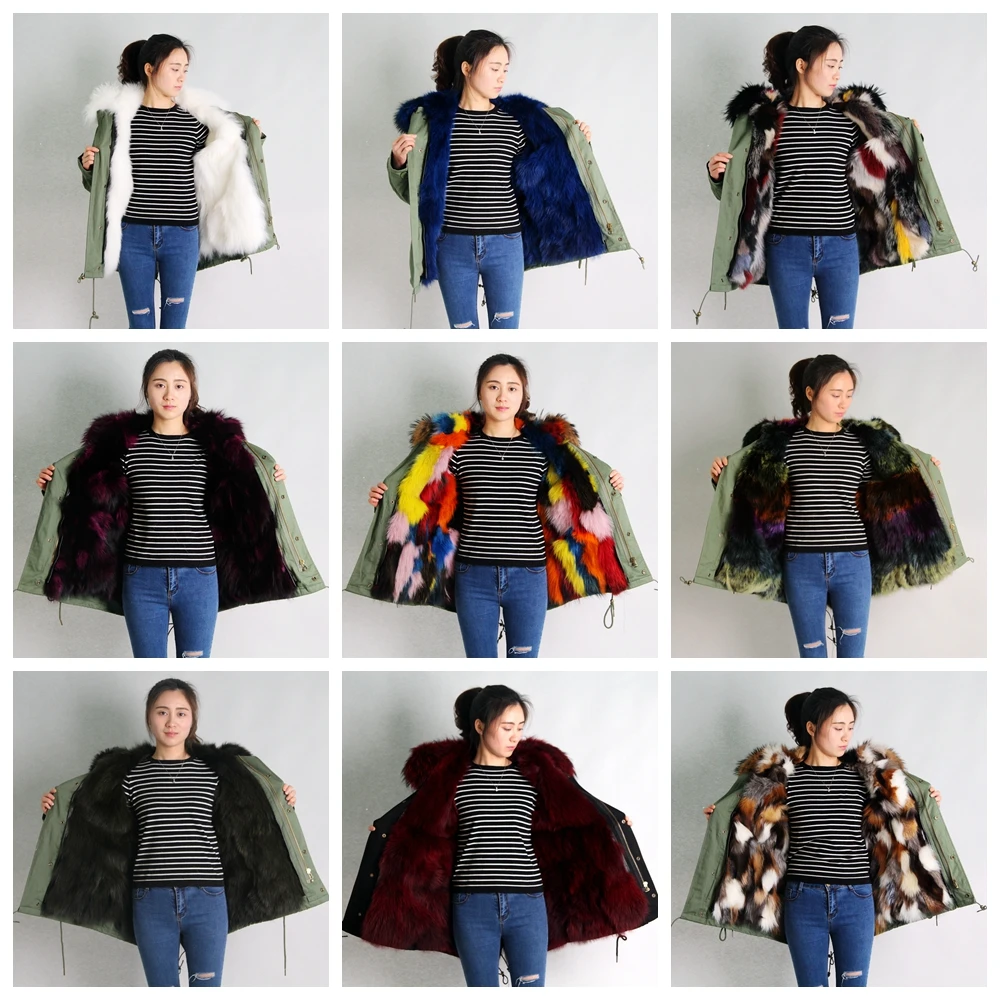 QIUCHEN 8030 2018 Winter Outwear Real Fox Fur Lined Parka With Natural Big Size Raccoon Collar Trim women winter coat | Женская одежда
