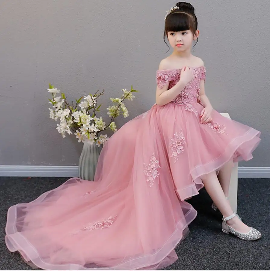 

Long Trailing Kids Pageant Evening Gowns Appliques Lace Ball Gown Flower Girl Dresses For Weddings First Communion Dresses