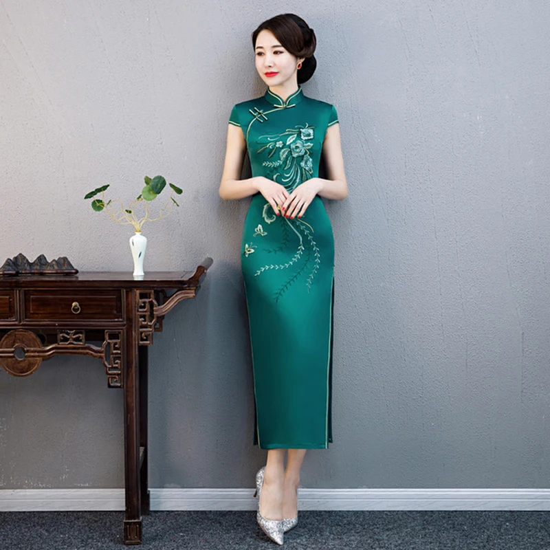Женское атласное длинное вечернее Ципао Qipao винтажное платье с цветочным принтом