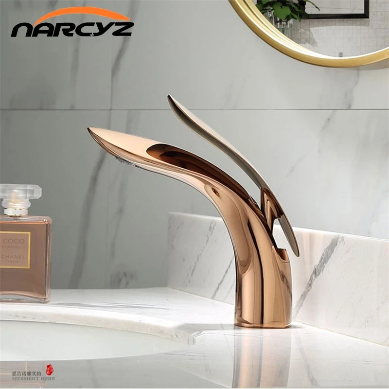 Basin Faucets Modern Rose Gold  Bathroom Faucet Waterfall Single Hole Cold and Hot Water Tap Basin Faucet Mixer Taps  XT-423