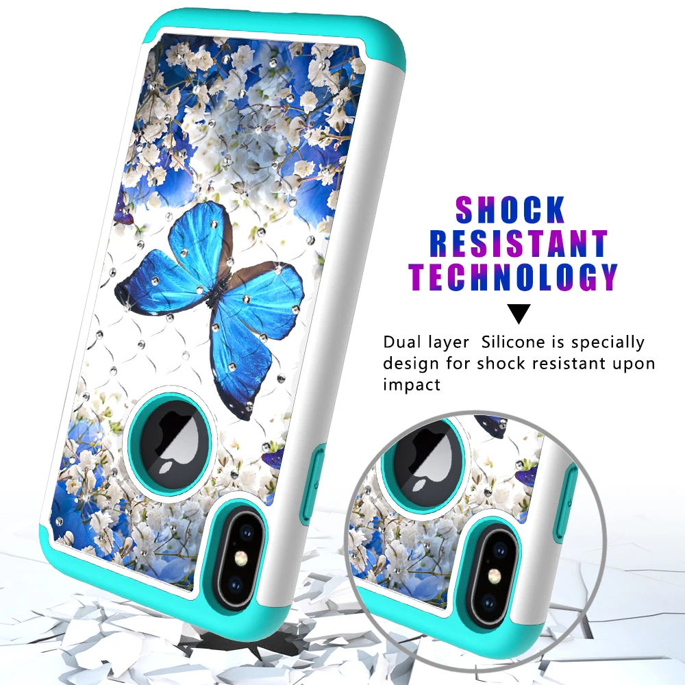 Роскошные Чехлы для iPhone X 6 7 8 Plus 6splus XS XR Max с принтом в виде сверкающих бабочек единорога цветов 2 в 1 шт+ силиконовый чехол