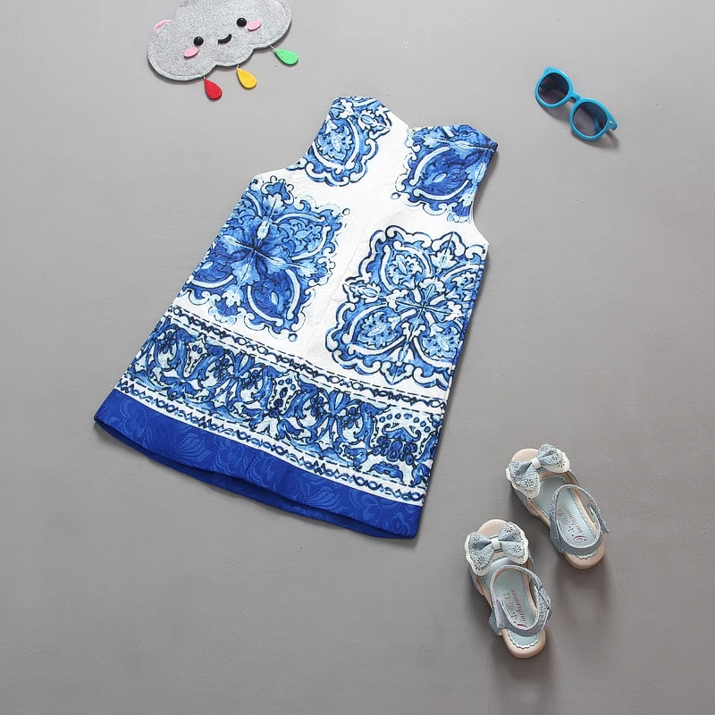 Kimocat Fashion Designer Chinese Girl Blue and White Porcelain A line Dresses | Детская одежда и обувь