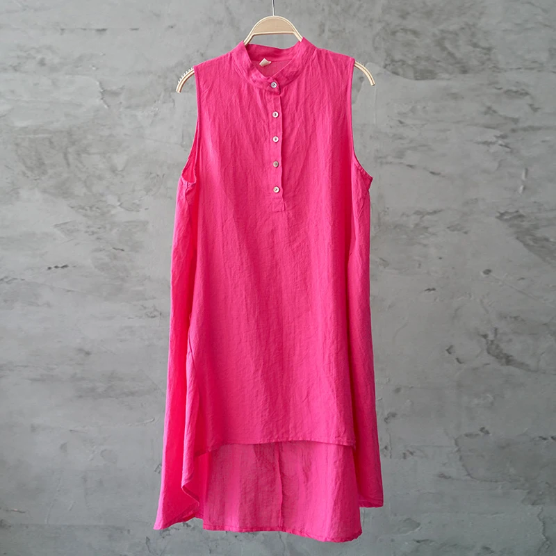 Johnature 2021 Summer New Stand Women Solid Color Shirt Dress Button Sleeveless Clothes Vintage Casual Cotton Linen Vest Dresses | Женская