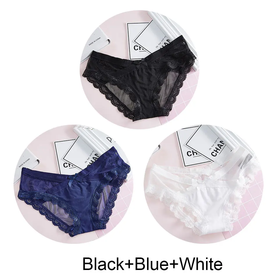 Black-Blue-White 3 шт., сексуальные кружевные трусики для женщин, нижнее белье, низкая посадка, дышащие Бесшовные трусики, трусы, Прозрачное нижнее белье с бантиком для девушек, новинка - Цвет: Black-Blue-White