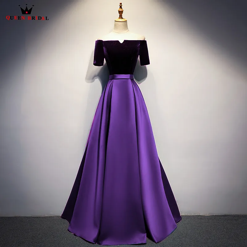 Фиолетовые Вечерние платья трапециевидной формы с коротким рукавом из сатина и