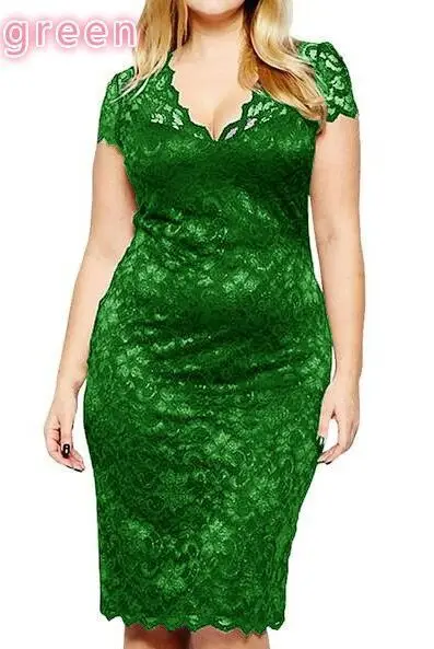 XXXXXL XXXXL летнее платье Сексуальное Женское повседневное короткое пляжное платье с коротким рукавом однотонное черное кружевное платье Vestidos размера плюс - Цвет: Зеленый