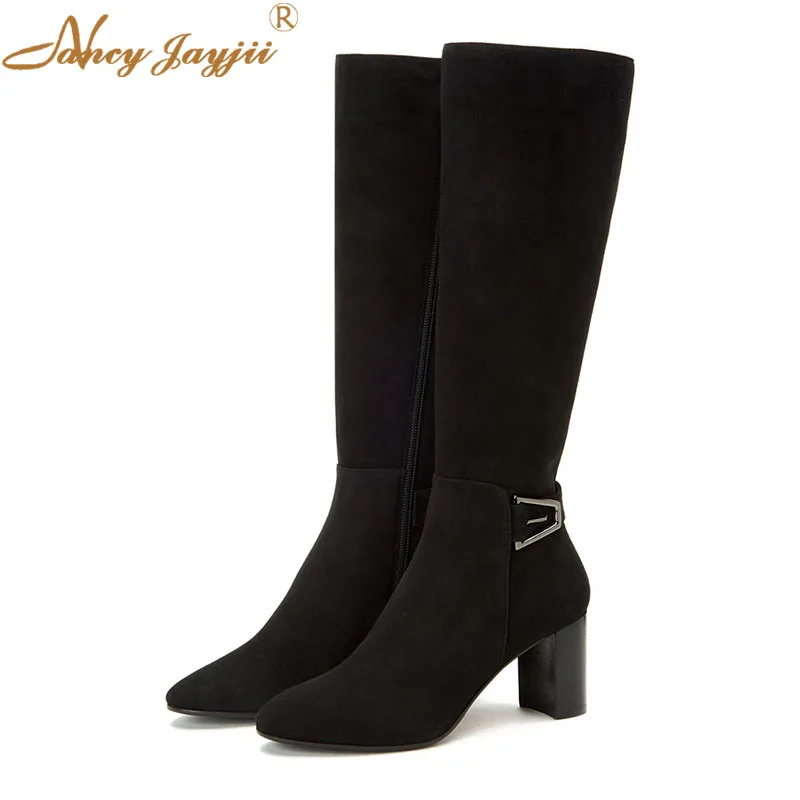 

Kid Suede Female Med-Calf Boots Black Ladies Adult Shoes Square heels Round Toe Buckle Winter Basic Mature Elegant Fashion 2019