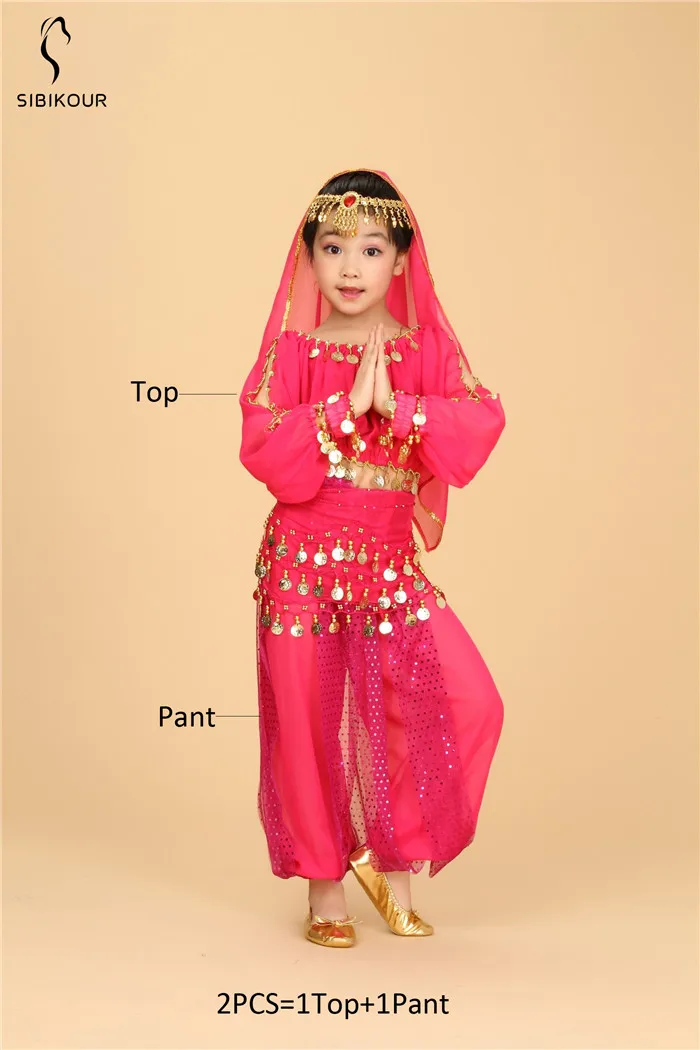 Rose Red 2pcs Болливуд набор костюма для танца живота для детей Египетский восточный индийский танец живота костюм для девочек платье 120D шифон Топ Брюки - Цвет: Rose Red 2pcs