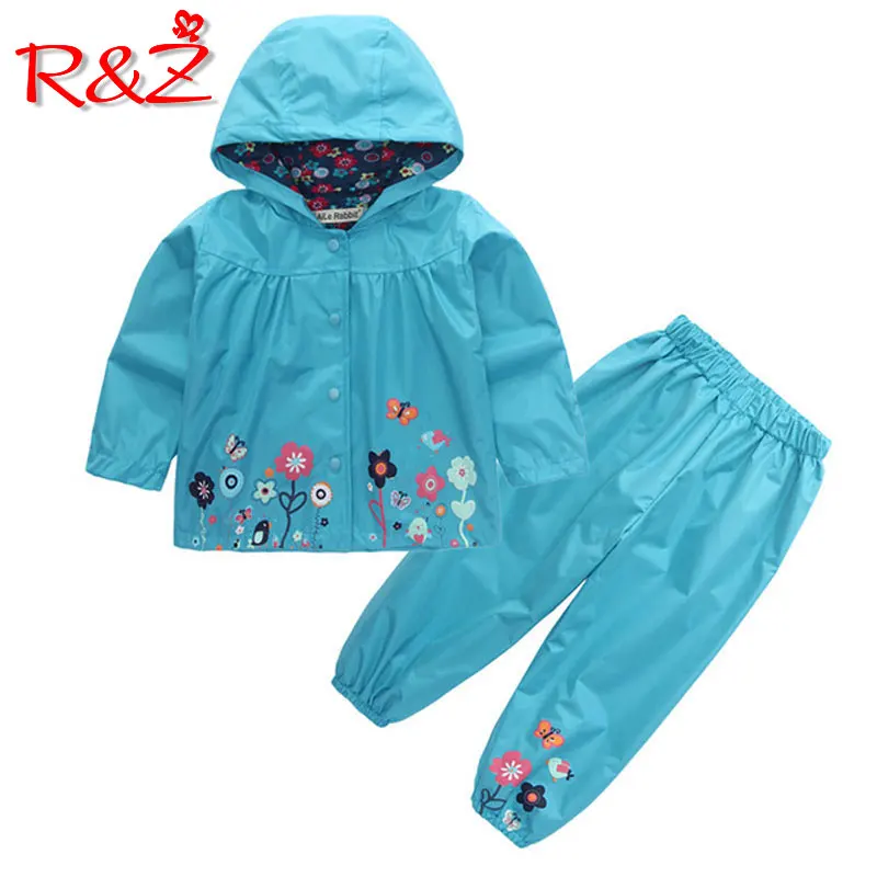 

R&Z 2019 children's fashion suit hoodie pants 2 piece jacket sports suit flower print girl windbreaker raincoat camping clothes