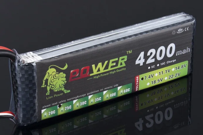 Литий полимерный аккумулятор LION POWER 7 4 В 4200 мАч 25C 2S с разъемом T/XT60/JST для