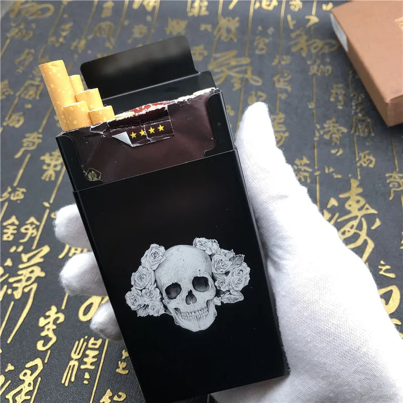 Персонализированные DIY Розовый череп тату портсигар чехол Металл с лазерной гравировкой портсигар зажигалка Мужские карманные курительные автоматические коробки