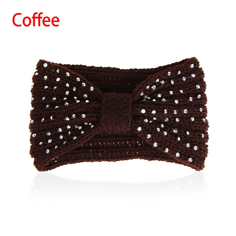 coffee 1 шт. зимние теплые уши крючком вязанная повязка бант Стразы головные уборы с бисером для женщин девочек Тюрбан повязка на голову обруч аксессуары для волос - Цвет: coffee