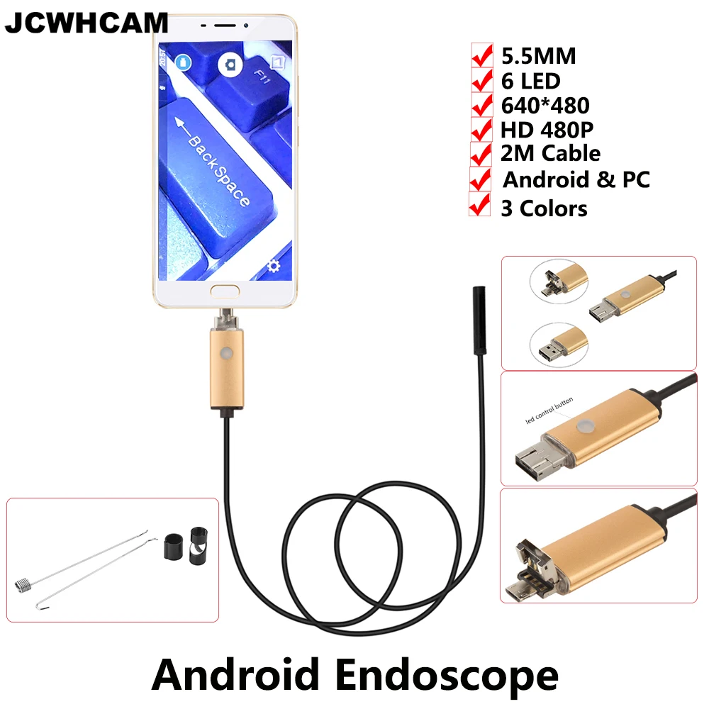 

JCWHCAM Android эндоскоп камера 5,5 мм 1 м 2 м USB эндоскоп android инспекционная трубка змея камера IP67 OTG бороскоп эндоскоп