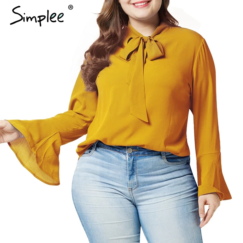 Simplee одноцветное Большие размеры Женщины блузка рубашка с длинным рукавом