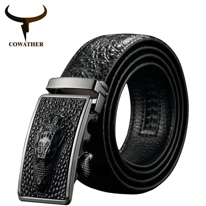 

COWATHER 2021 New arrival luxury cow leather belts for men good alligator pattern automatic buckle mens belt original ey02