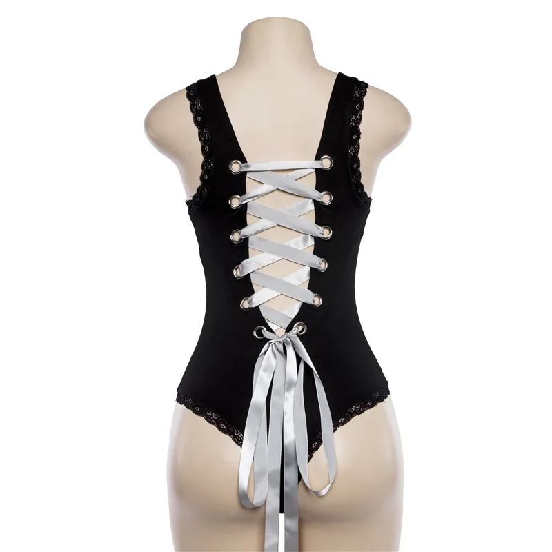

Sexy Costume Women Back Eyelet Lace Up Backless Bodysuit Black Lace Hem Patchwork Sleeveless Rompers body femme sexy