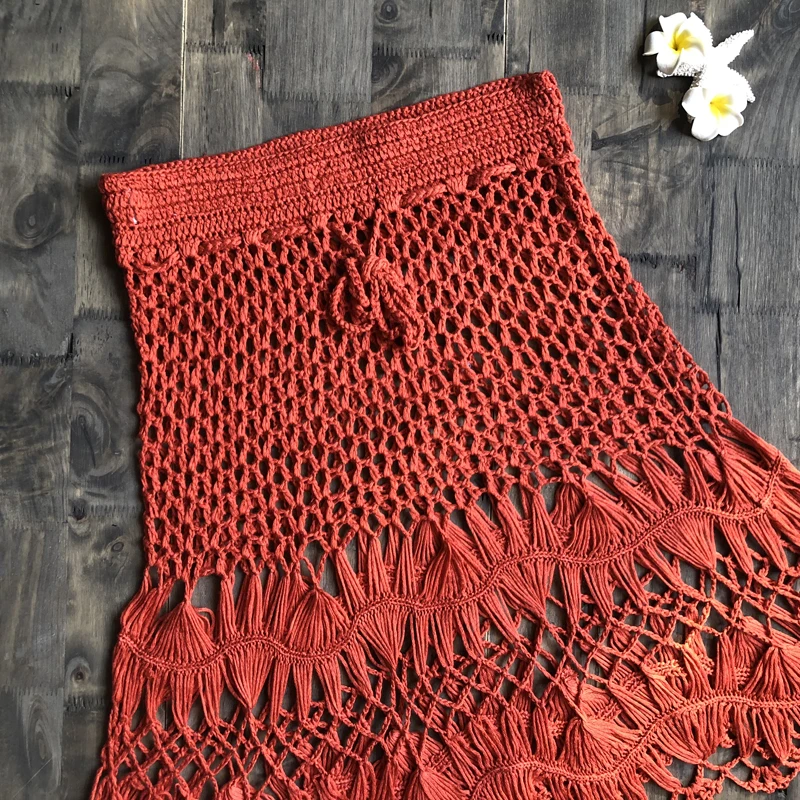Ручная работа, вязанная крючком, Boho, хлопок, вязанная Мини-Юбка Для Женщин, летняя, высокая талия, Пляжная, открытая, мини-юбка, крутая