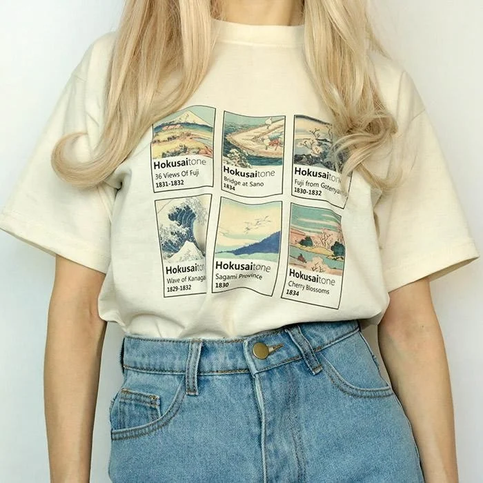 

HAHAYULE-JBH Katsushika Hokusai Painting T Shirt Women Short Sleeve 3D Printed Tee Tops Fashion Japanese Style Tees