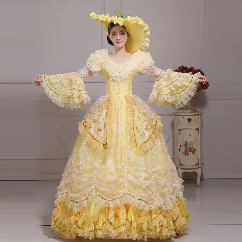 2018 желтые сетчатые платья маскарада с длинными расклешенными рукавами и V