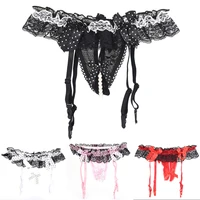 women sexy garter belt for stocking black white lace suspenders sexy open crotch pearl panties bow lingerie garter