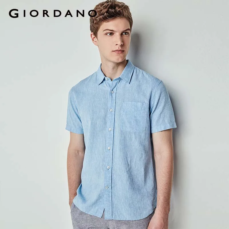 Giordano Мужская рубашка льняное с короткими рукавами карманом приталенная