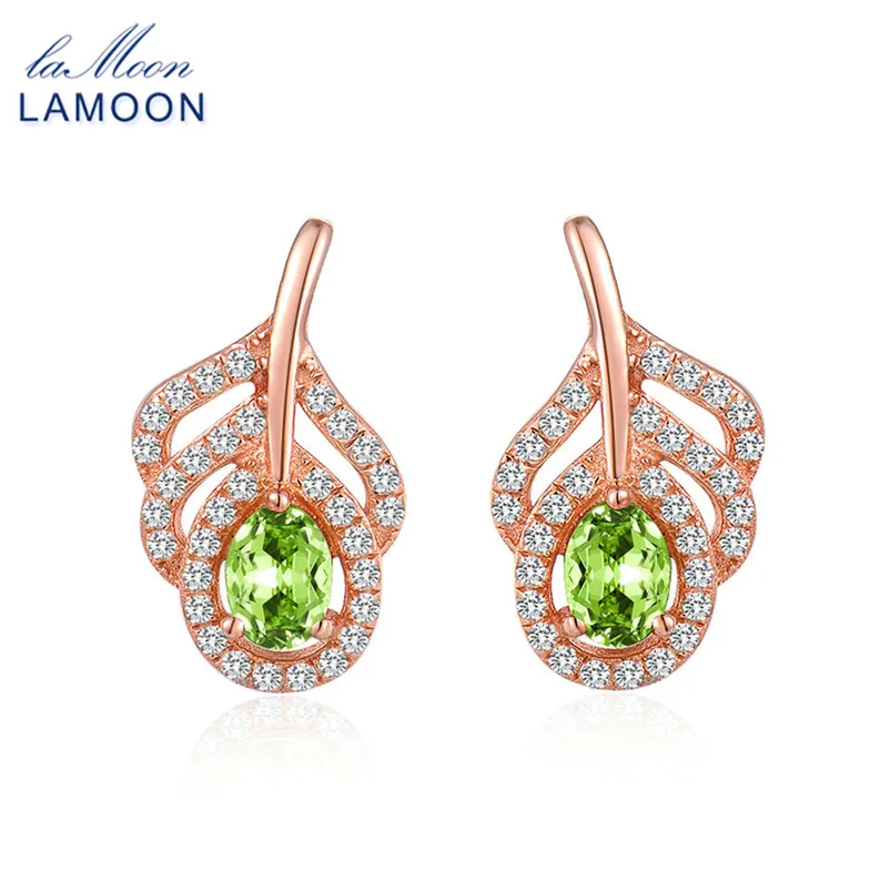 LAMOON S925 Серебряные серьги гвоздики классические листья 100% натуральный Зеленый