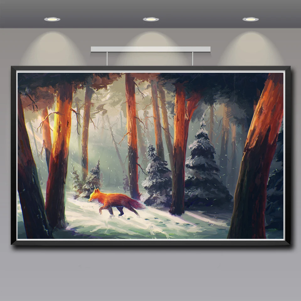 Природа Снежный лес сильар Солнечный свет Лиса животные постеры и принты