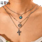 Колье-чокер женское, многослойное, серебристого цвета, с подвеской в виде креста, Модный богемный, 4303