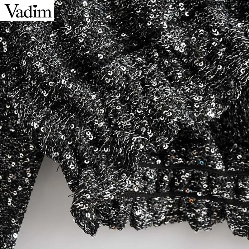Vadim women loose sequined knitted sweaters see through pleated lantern sleeve stretchy pullovers female casual solid tops HA380 | Женская