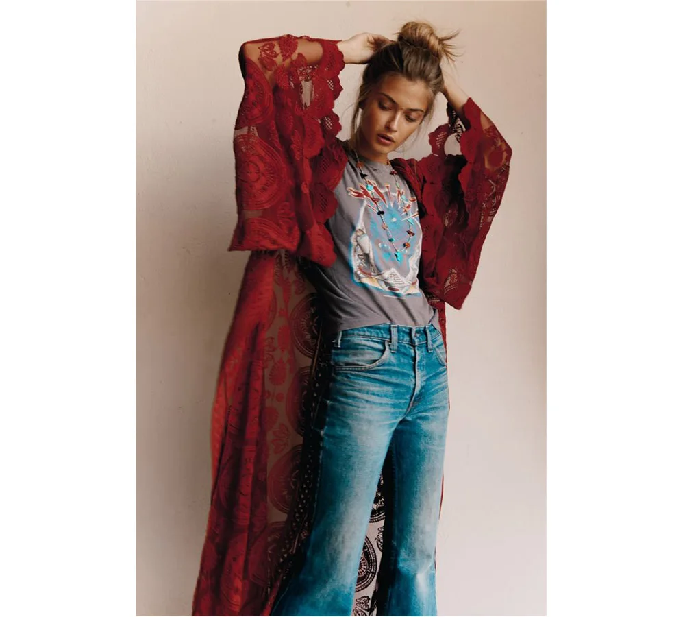 Прозрачное Кружевное длинное кимоно с принтом 2018 осень оверсайз расклешенными