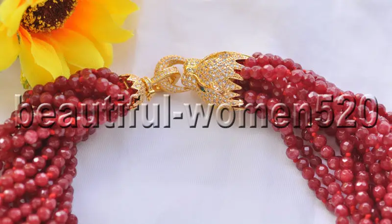 

Z8653 15Strds 4mm Natural Round Faceted Red Stone Necklace Cougar CZ 20inch