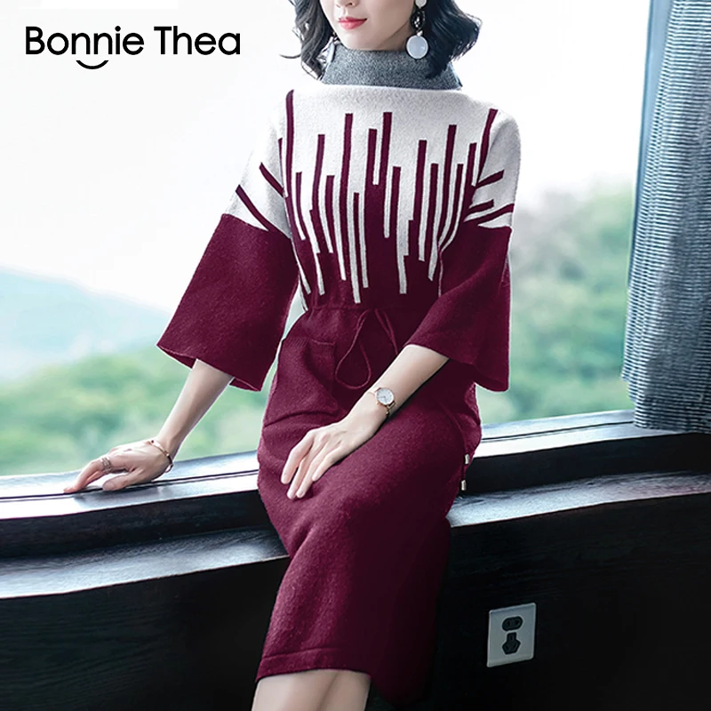 

Bonnie Thea women winter Turtleneck Sweater dress female Elegant red/black knitting party dress vestido lady autumn dresses 2018
