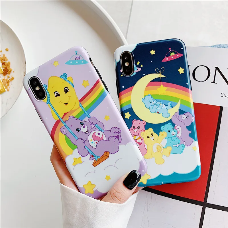 Cartoon ins Care Bears Phone Case For iPhone 6 6s 7 8 Plus X XS Max Xr cute rainbow bear Moon stars back cover Coque |