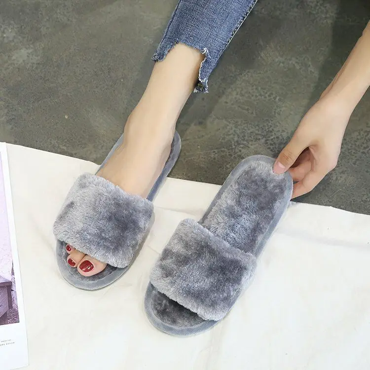 Gray A Non-slip Faux Fur Winter Women Slippers Home Female Comfort Floor Women Shoes Cotton Ladies Indoor Slippers Plush Slipper Unisex - Цвет: Gray A