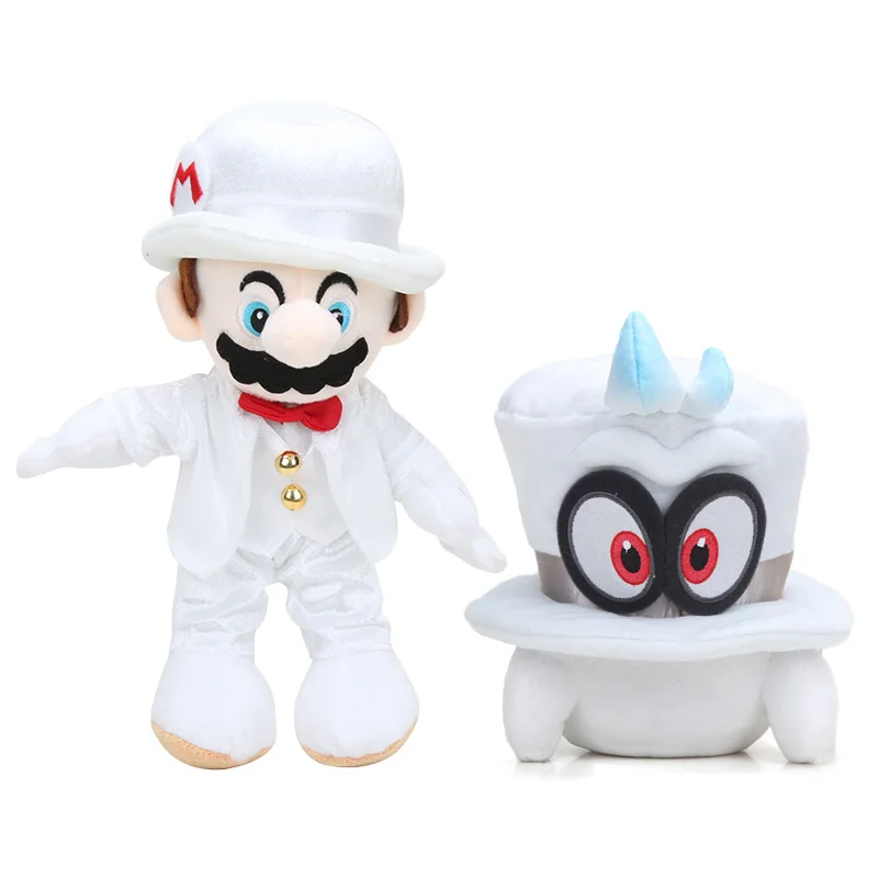 white mario Odyssey Набор из 2 Super Mario игрушки 25 см Odyssey свадебное платье жениха костюм Марио Принцесса Персик каппи кошка плюшевые игрушки куклы хэллоуин Игрушка - Цвет: white mario Odyssey