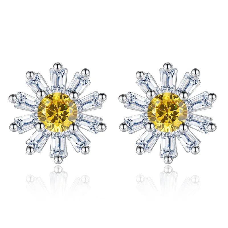OMHXZJ Wholesale Personality Fashion Sweet Woman Girl Gift White &amp Yellow Sakura Daisy 925 Sterling Silver Stud Earrings YS468 |