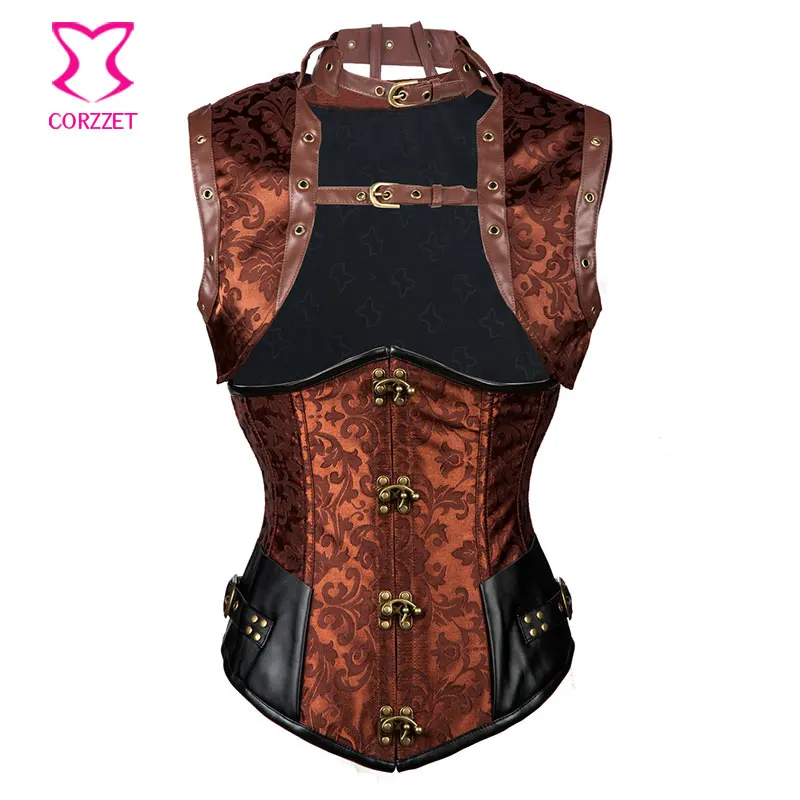 Brown Sexy Gothic Waist Trainer Steel Boned Corset Underbust Steampunk Clothing Women Plus Size Burlesque Costumes With Jacket