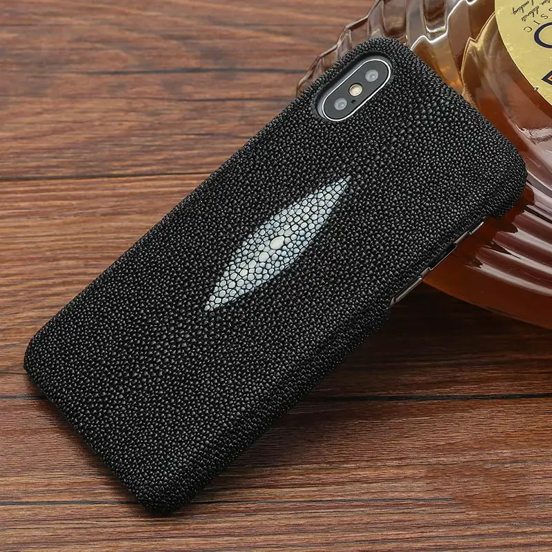 black Для iphone x LANGSIDI натуральный fishskin кожаный телефон чехол для iphone 8 plus Stingray чехол для iphone se - Цвет: black