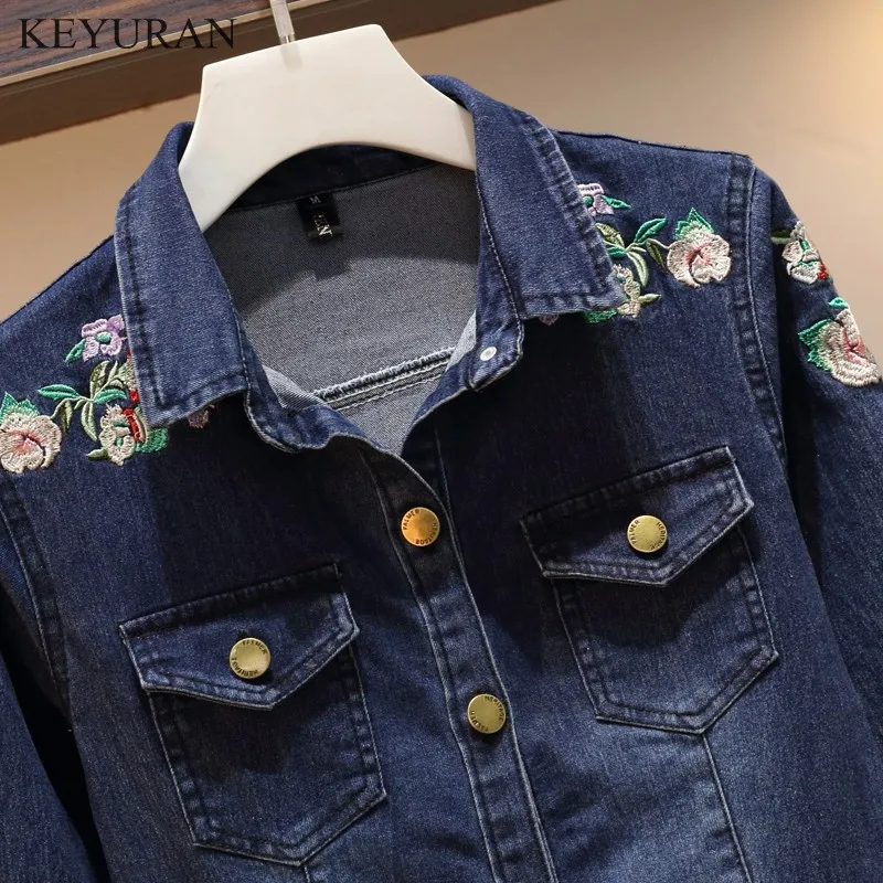 Elegant Spring Autumn Chic Floral Embroidery Dresses Long Sleeve A-Line Women Casual Denim Lapel Single-breasted Dress Big Size | Женская