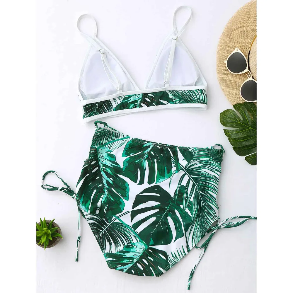 ZAFUL Новинки для женщин Высокая Талия Tropical Leaf Print комплект бикини пикантные женские Купальники для малышек Кружево растительного спагетти Бретели для нижнего белья купальники